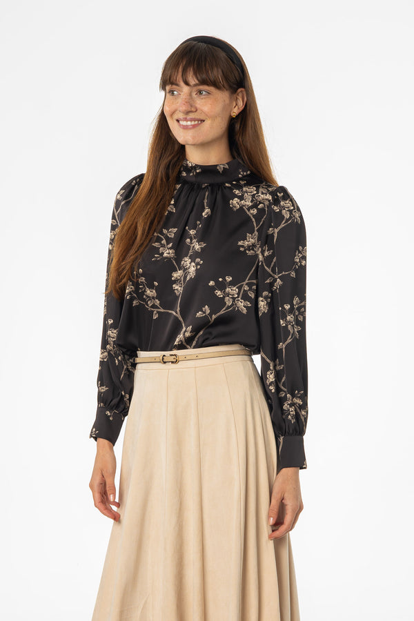Black & Beige Mock Neck Blouse