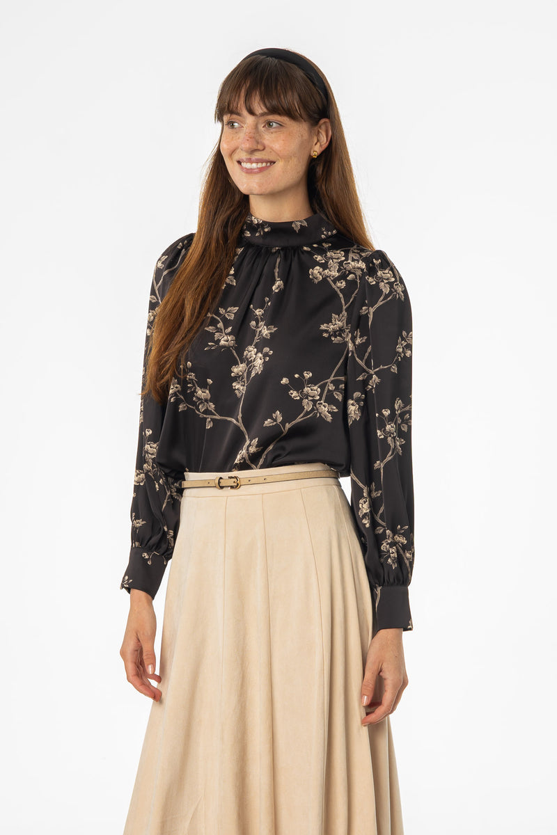 Black & Beige Mock Neck Blouse