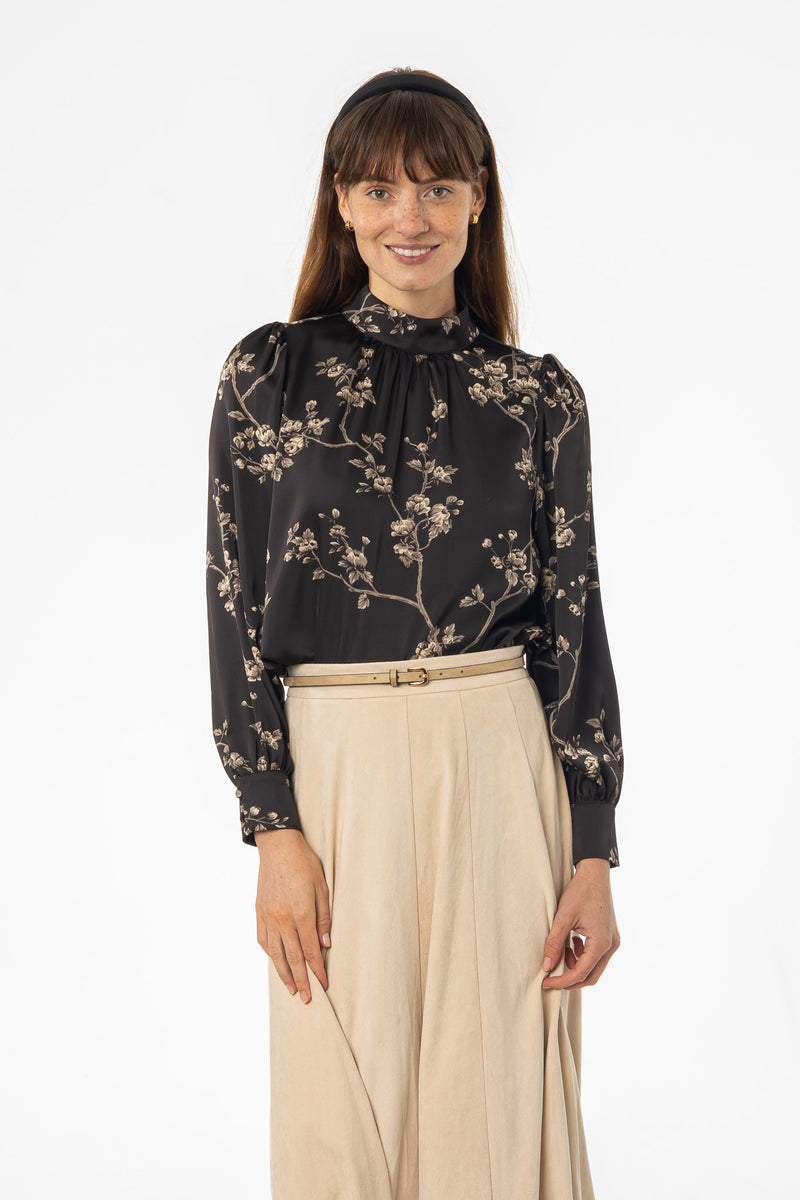 Black & Beige Mock Neck Blouse