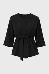 Black 3/4 Sleeve Tie Blouse
