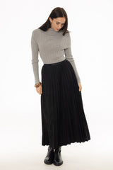 Black Accordion Pleat Microsuede Maxi Skirt