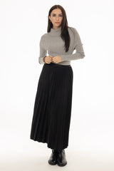 Black Accordion Pleat Microsuede Maxi Skirt