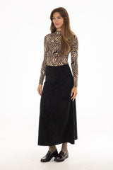 Black Asymmetric Waist Microsuede Maxi Skirt