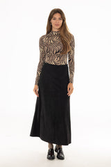 Black Asymmetric Waist Microsuede Maxi Skirt
