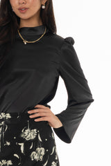 Black Bell Sleeve Satin Top
