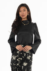Black Bell Sleeve Satin Top