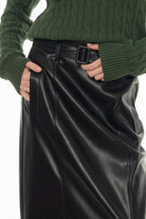 Black Belted Faux Leather Midi Skirt