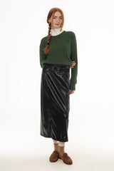 Black Belted Faux Leather Midi Skirt