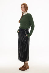 Black Belted Faux Leather Midi Skirt
