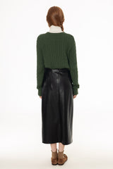 Black Belted Faux Leather Midi Skirt
