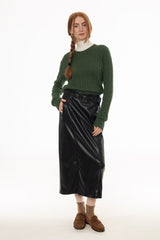 Black Belted Faux Leather Midi Skirt