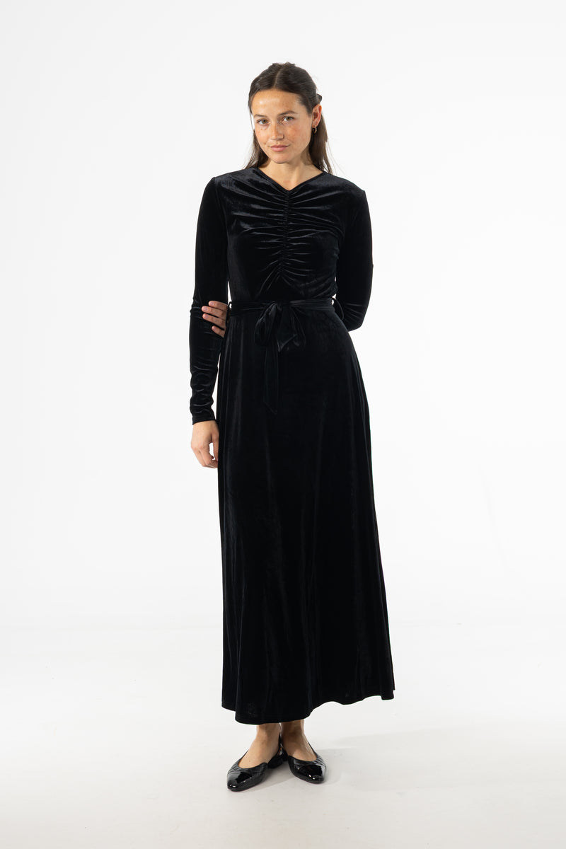 Black Ruched Velour Maxi Dress