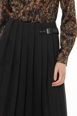 Black Buckle Pleated Maxi Skirt