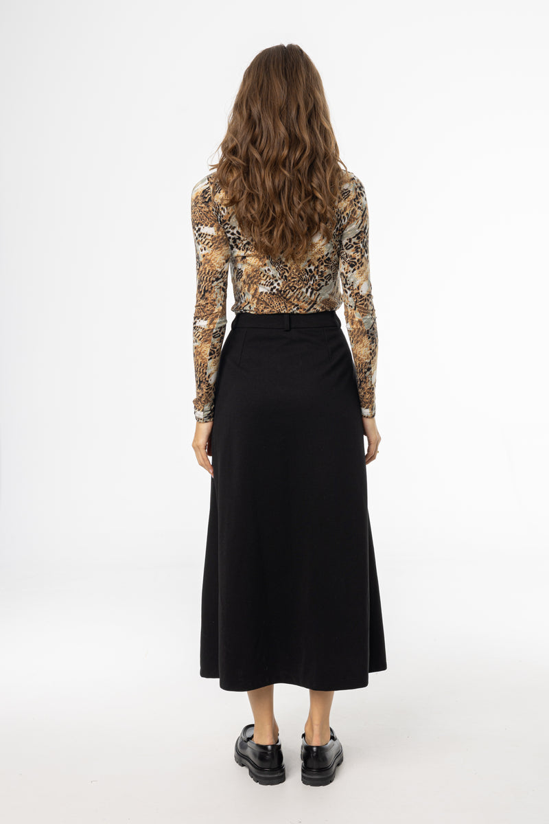 Black Front Pleated Flared Skirt