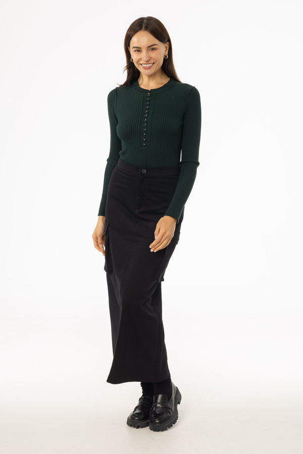 Black Cargo Stretch Maxi Skirt