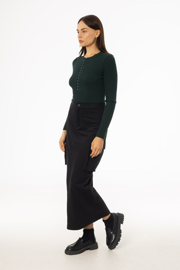 Black Cargo Stretch Maxi Skirt