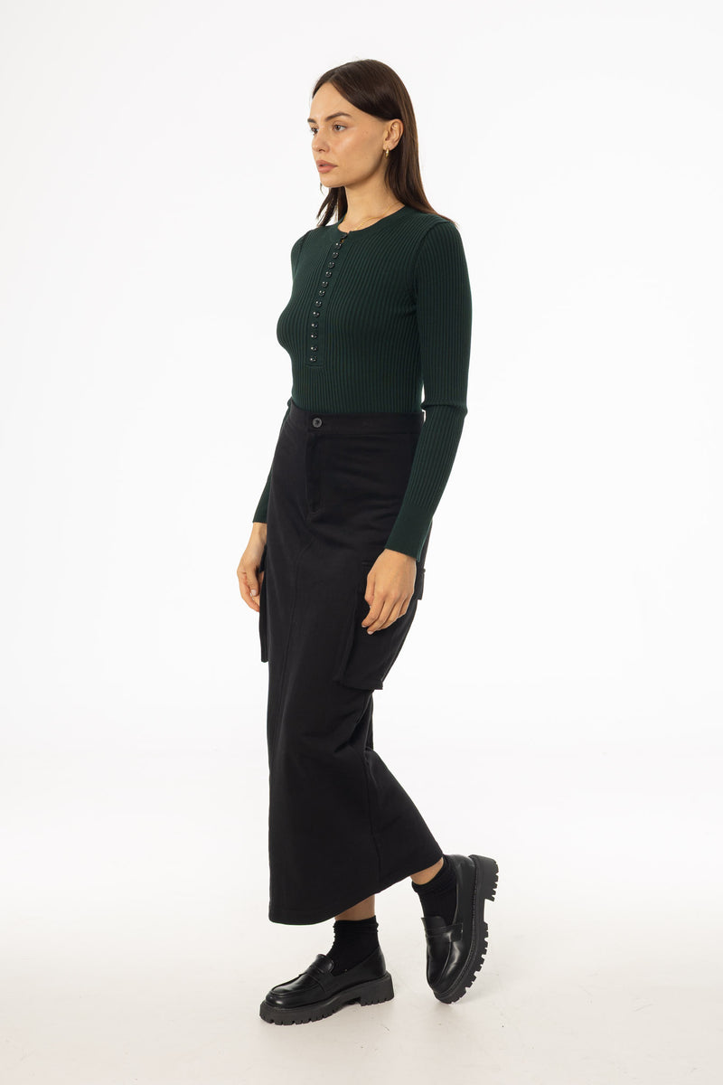 Black Cargo Stretch Maxi Skirt