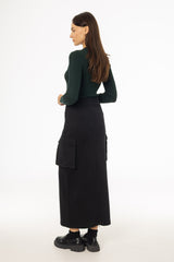 Black Cargo Stretch Maxi Skirt