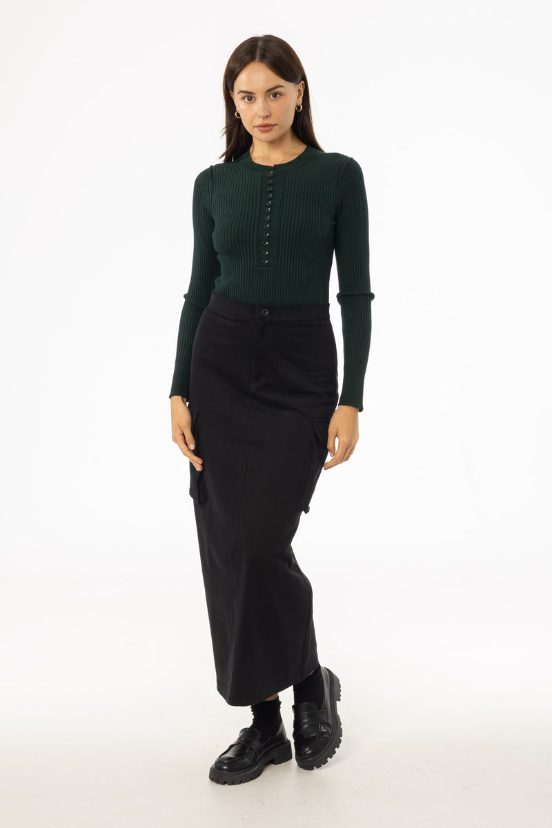 Black Cargo Stretch Maxi Skirt