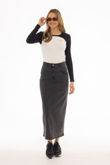 Black Coin Pocket Denim Maxi Skirt