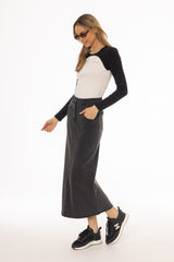 Black Coin Pocket Denim Maxi Skirt