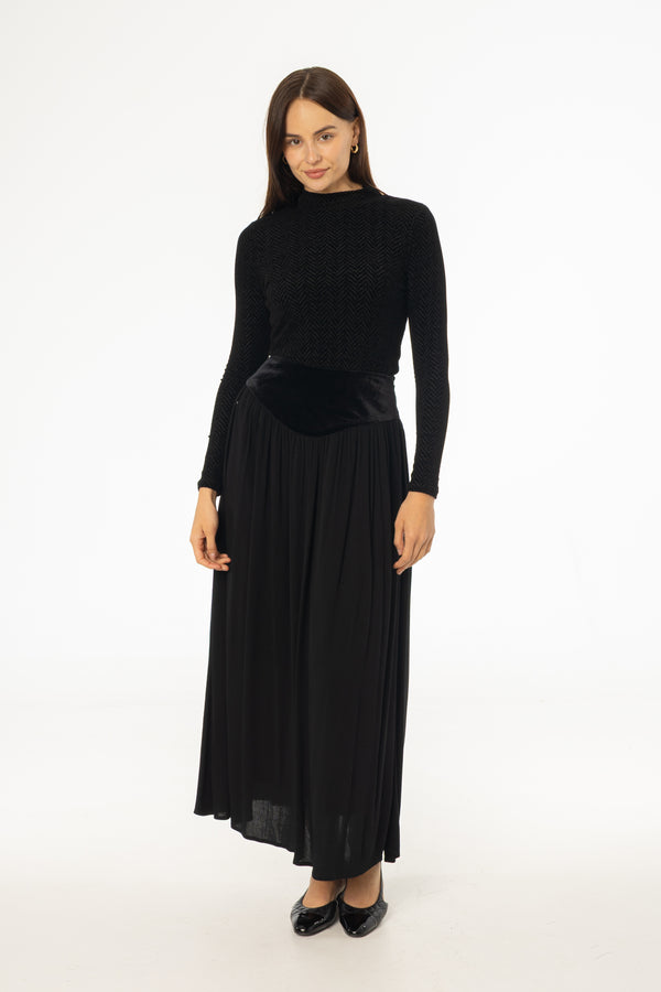 Black Fabric Combo Maxi Skirt