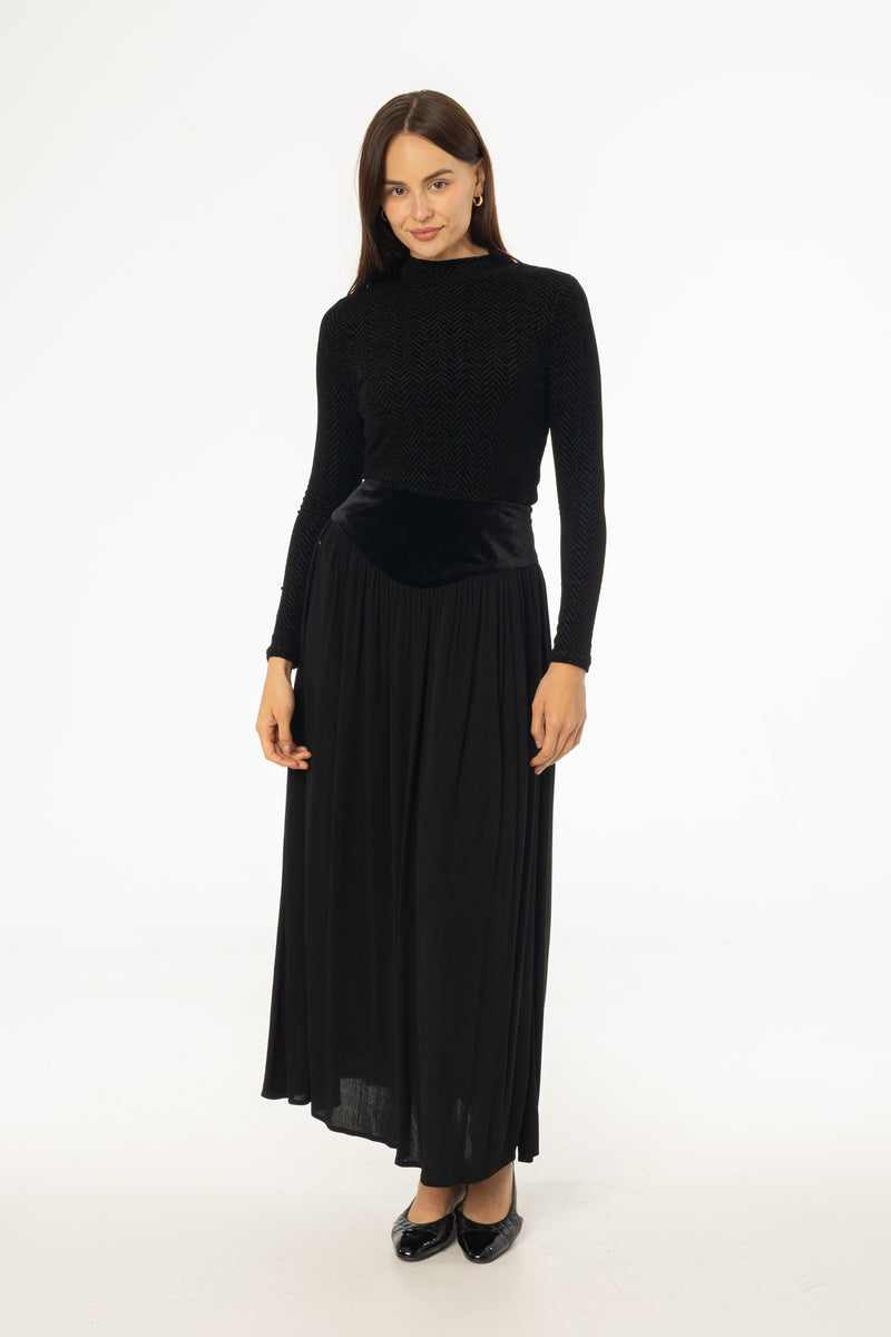 Black Fabric Combo Maxi Skirt