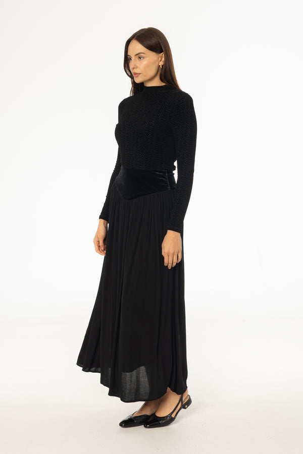 Black Fabric Combo Maxi Skirt