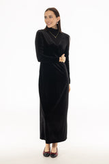 Black Combo Fabric Turtleneck Maxi Dress