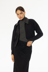 Black Contrast Collar Zipper Sweater
