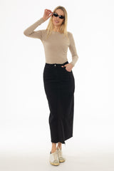 Black Contrast Denim Maxi Skirt