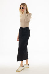 Black Contrast Denim Maxi Skirt