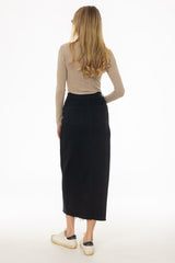 Black Contrast Denim Maxi Skirt