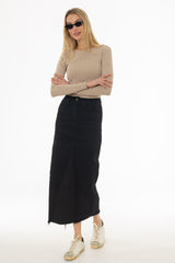 Black Contrast Denim Maxi Skirt