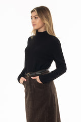 Black Corduroy Boat Mock Neck Top