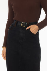 Black Corduroy Detail Denim Skirt