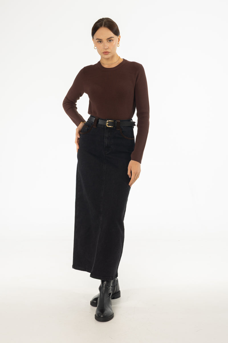Black Corduroy Detail Denim Skirt