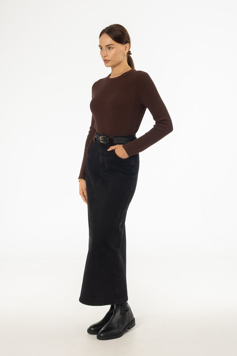 Black Corduroy Detail Denim Skirt