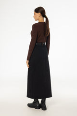 Black Corduroy Detail Denim Skirt
