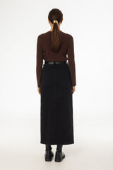 Black Corduroy Detail Denim Skirt
