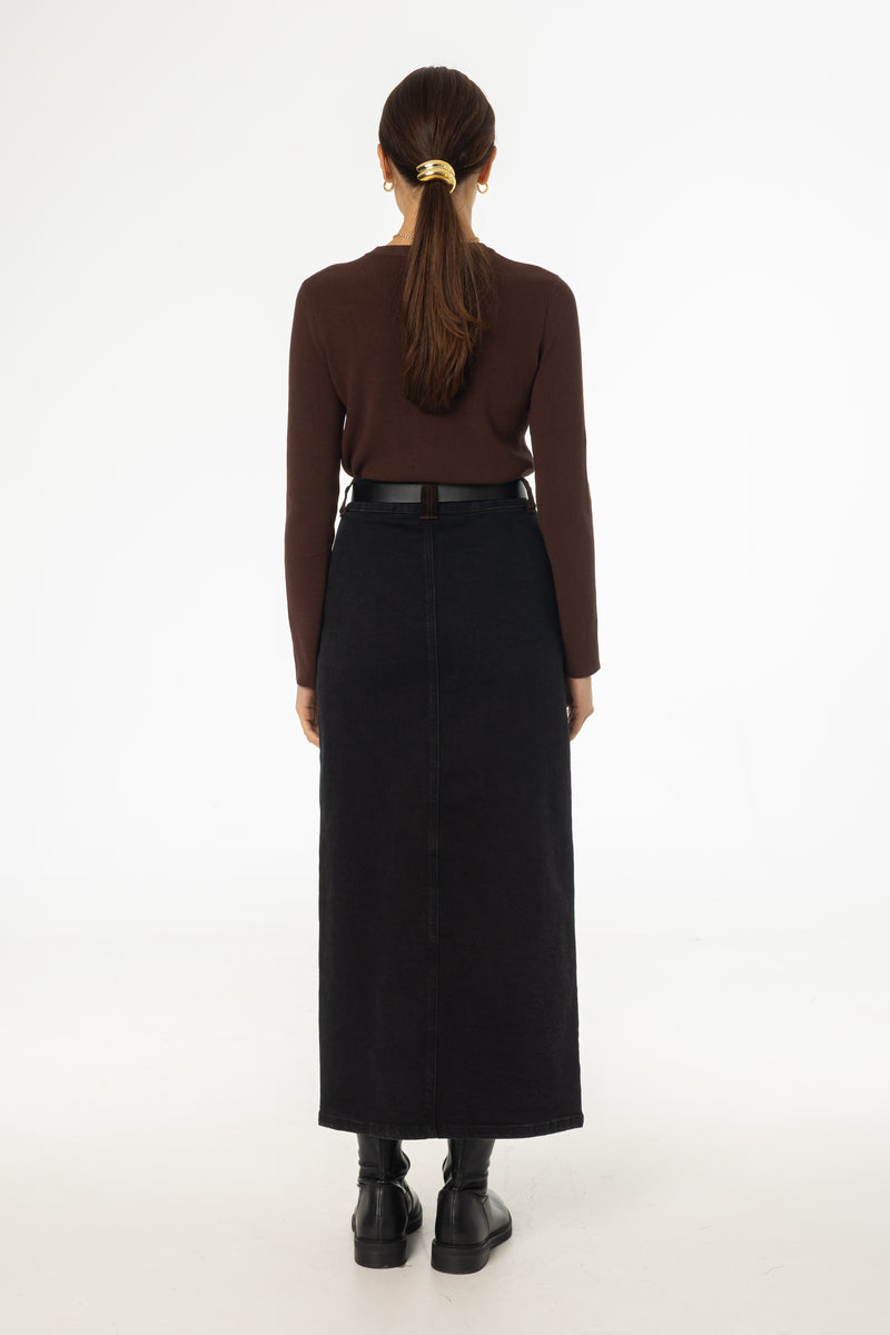 Black Corduroy Detail Denim Skirt