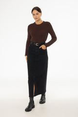 Black Corduroy Detail Denim Skirt
