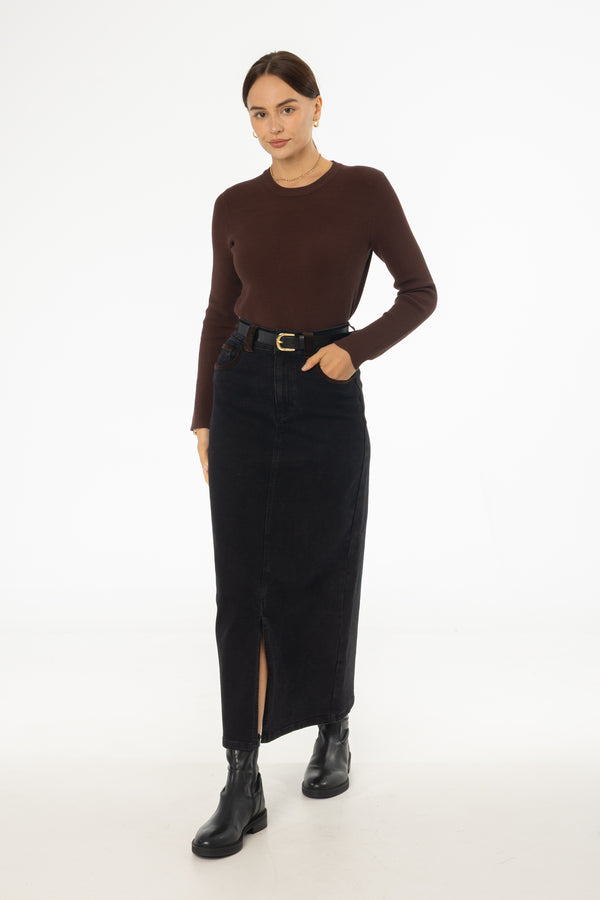 Black Corduroy Detail Denim Skirt