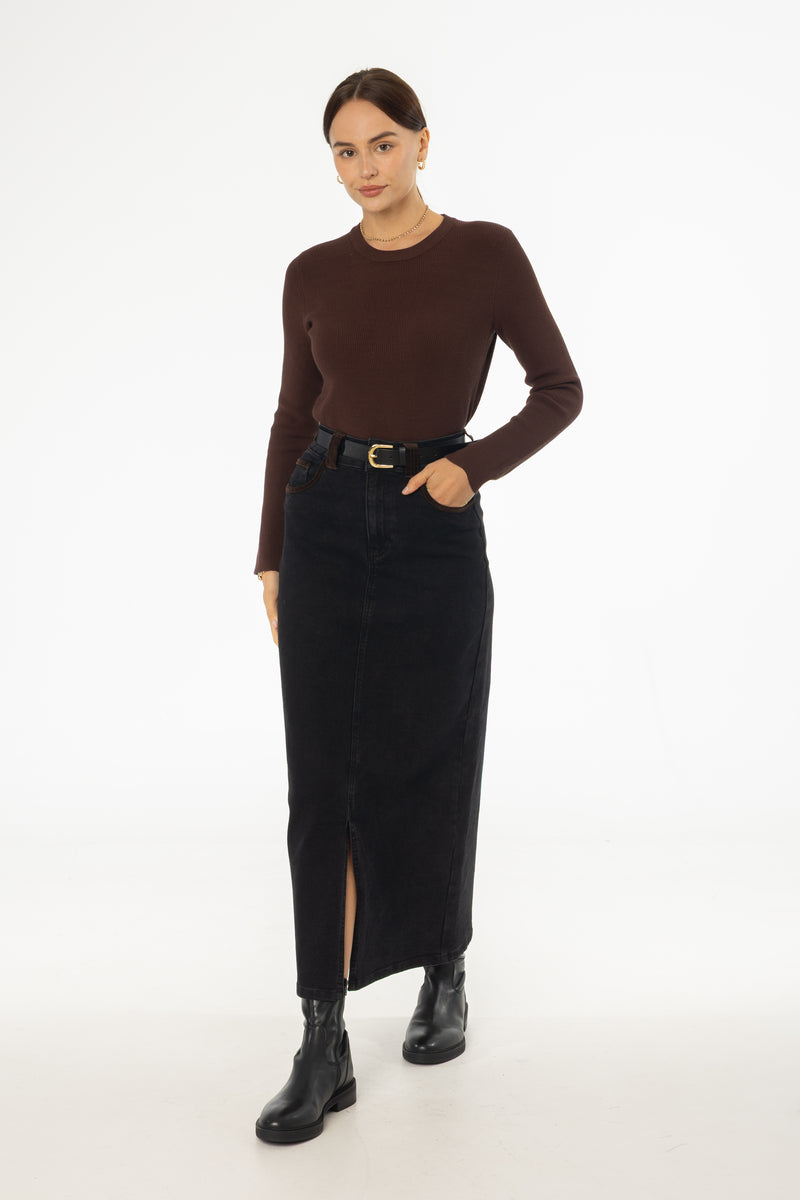 Black Corduroy Detail Denim Skirt