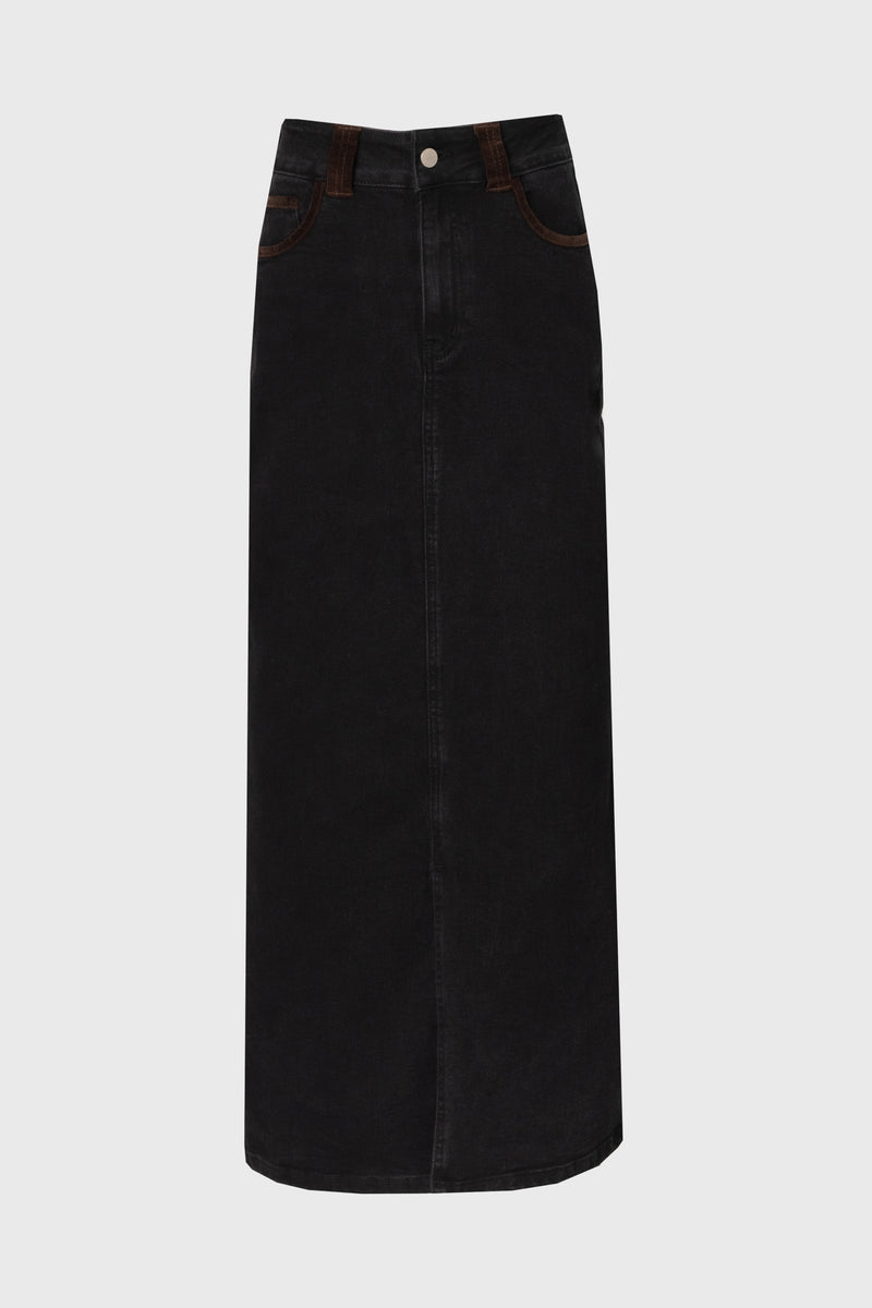 Black Corduroy Detail Denim Skirt
