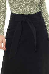 Black Denim Belted A-Line Maxi Skirt