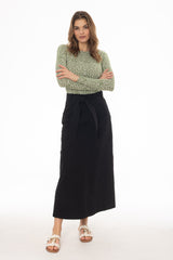 Black Denim Belted A-Line Maxi Skirt
