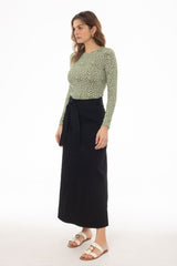 Black Denim Belted A-Line Maxi Skirt