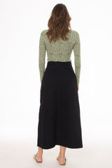 Black Denim Belted A-Line Maxi Skirt