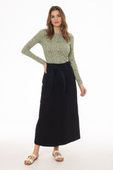 Black Denim Belted A-Line Maxi Skirt